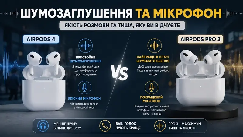 Шумозаглушення та мікрофон в AirPods 4 та AirPods Pro 3