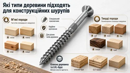 які типи деревини підходять для конструкційних шурупів