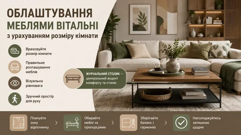 Облаштування меблями вітальні з урахуванням розміру кімнати